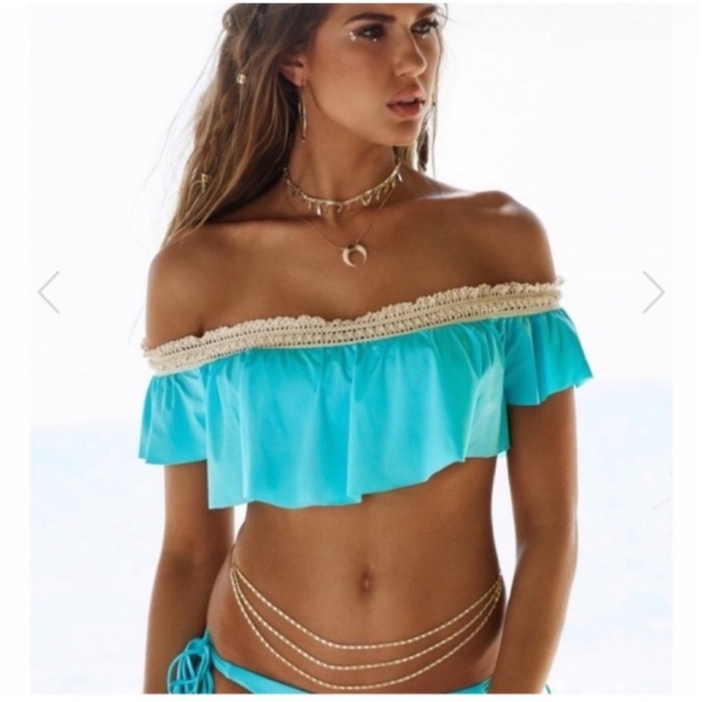Aqua Blue Lady Lace crochet Trim Bikini Set M top, choice of L OR XL bottoms